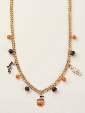 Gold Halloween Charm Necklace with Orange & Black Beads